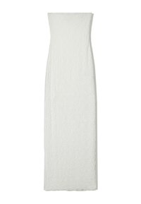 Lungo vestito bianco con tessuto testurizzato, design aderente e silhouette dritta. Il vestito è senza maniche e ha un taglio fino a terra.