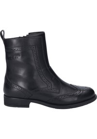 Bottines en cuir noir avec des détails en brogue, fermeture éclair et texture lisse. Présente un talon bas empilé et une semelle robuste.