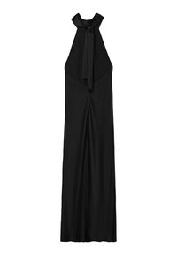 Jumpsuit noir à dos nu en tissu lisse, avec un col à nouer et un corsage ajusté, doté de pantalons à jambes larges. Fermeture éclair au dos.