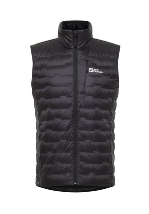 Gilet matelassé noir avec un col montant, fermeture éclair verticale et logo sur la poitrine. Le matériau semble lisse et léger.