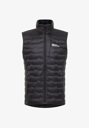 Schwarze gepolsterte Weste mit hohem Kragen, vertikalem Reißverschluss und Logo auf der Brust. Das Material wirkt glatt und leicht.