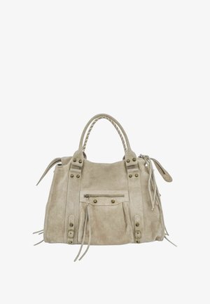 Sac à main en suède beige avec double poignées, poche zippée à l'avant, boucles décoratives et tirettes de fermeture éclair en forme de pampilles.