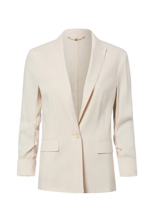 Off-white women's blazer with single button closure, notched lapels, two front flap pockets, and long sleeves with turned-up cuffs.