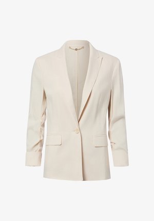 Off-white women's blazer with single button closure, notched lapels, two front flap pockets, and long sleeves with turned-up cuffs.