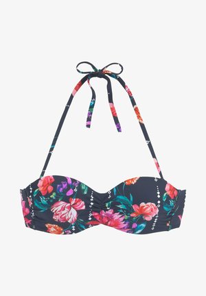 Floral Bikini-Top in Marineblau mit lebhaften pinken und orangenen Blumen. Verfügt über einen gerafften Saum und verstellbare Bindeträger für eine optimale Passform.