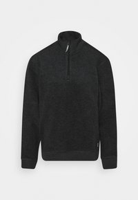 Sort sweatshirt med lynlås og lange ærmer, lavet af et blødt, tekstureret stof. Den har en let tætsiddende pasform og ribbede manchetter.