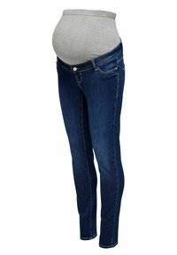 Kismama farmer, szürke rugalmas pocakpanellel, sötétkék denim anyagból, slim fit szabású, öt zsebbel és gombos záródással.