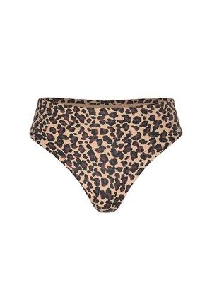 Bikinibroekje met hoge taille, beige basis en donkerbruine en zwarte onregelmatige luipaardprint.