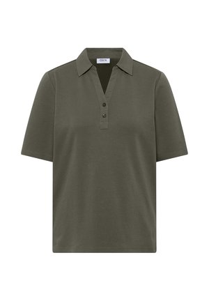 Polo manches courtes vert olive avec deux boutons et un col classique, étiqueté "CECIL" à l'intérieur de l'encolure.