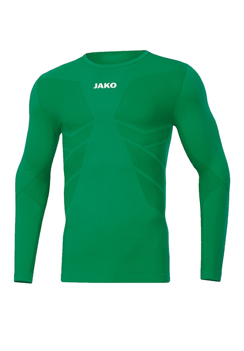 Maglietta sportiva verde a maniche lunghe realizzata in tessuto elasticizzato, con scollatura rotonda e dettagli angolari testurizzati sulle maniche e sul torso.