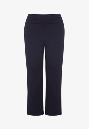Schwarze, hoch taillierte, weit geschnittene, kurze Hose mit glatter Vorderseite ohne sichtbare Verschlüsse oder Taschen.