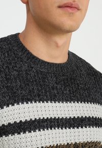 Gebreide trui met een ronde halslijn, een zwart-wit gestreept patroon, textuurstof en contrasterende bruine accenten aan de zoom.