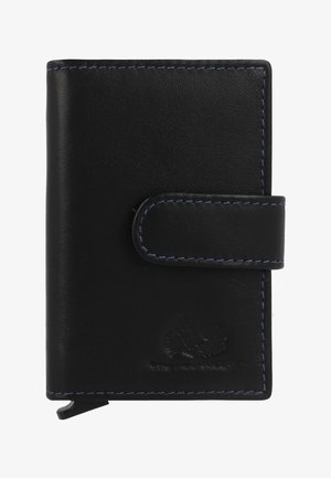 Portafoglio in pelle nera con cuciture blu, forma rettangolare, chiusura a scatto frontale e dettaglio logo impresso nella parte inferiore.