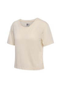 Cream-colored, short-sleeve, round-neck cropped T-shirt with a relaxed fit and no visible patterns or logos.