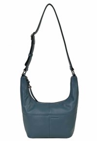 Torba hobo z teksturowanej ciemnoniebieskiej skóry, cechująca się zakrzywionym kształtem, regulowanym paskiem i zamknięciem na zamek błyskawiczny na górze. Minimalistyczny design z subtelnym przeszyciem.