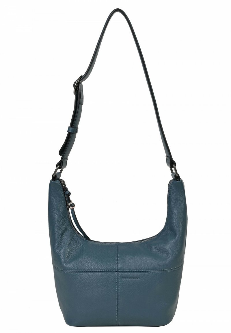 Torba hobo z teksturowanej ciemnoniebieskiej skóry, cechująca się zakrzywionym kształtem, regulowanym paskiem i zamknięciem na zamek błyskawiczny na górze. Minimalistyczny design z subtelnym przeszyciem.