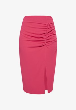 Roze nauwsluitende kokerrok van rekbare stof met zijruche en een voorknos, die een slanke, op maat gemaakte silhouet biedt.