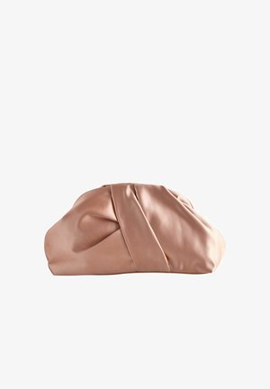 Soft pink leather clutch bag with a gathered, twisted design and a smooth, matte finish against a white background.