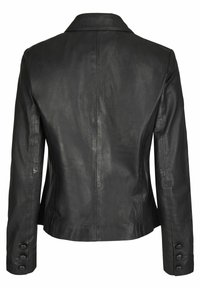 Schwarze Lederjacke mit taillierter Passform, Reverskragen und knöpfbaren Manschetten. Die Textur ist glatt mit einem dezenten Glanz.