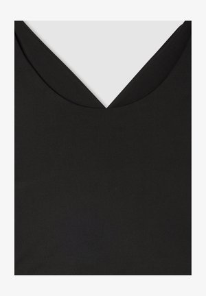 Top nero senza maniche con una profonda scollatura a V, realizzato in un tessuto liscio senza motivi o decorazioni visibili.