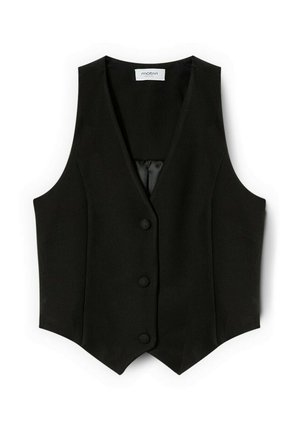 Zwarte vest met een op maat gemaakte ontwerping, voorzien van een V-hals, drie knoopsluitingen en een gladde binnenvoering, gemaakt van textuurstof.