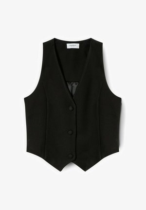 Gilet nero con design su misura, caratterizzato da un collo a V, tre bottoni e una fodera interna liscia, realizzato in tessuto strutturato.