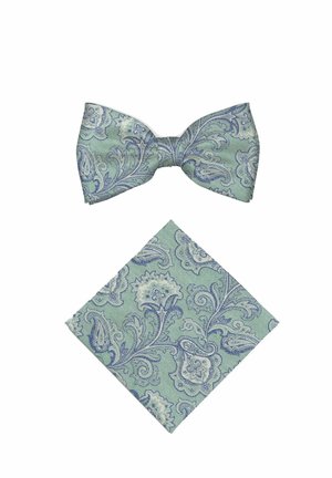 Light green paisley-patterned bow tie and matching pocket square set with blue and white floral swirls.