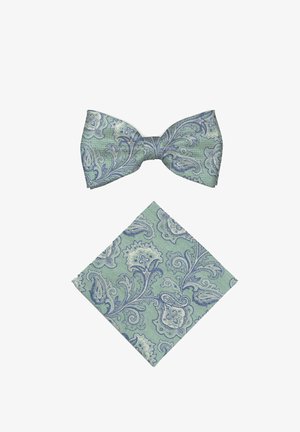 Nœud papillon vert clair à motif paisley et pochette assortie avec des volutes florales bleues et blanches.