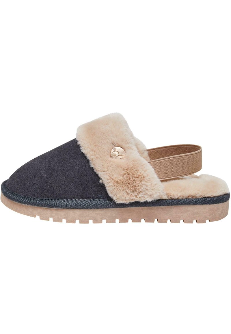 Avoin varvassandaali, joka on valmistettu tummasta nukasta, beige tekoturkiskaulus. Varustettu kumipohjalla, jonka pinta on teksturoitu ja joustavalla nauhalla.