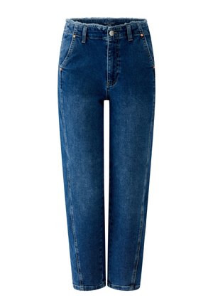 Blauwe denim relax-fit jeans met elastische tailleband, knoop aan de voorkant en zijzakken, afgebeeld tegen een witte achtergrond.