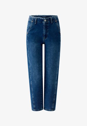 Blue denim relaxed-fit jeans with elastic waistband, front button, and side pockets, shown against a white background.