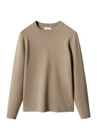 Beige košile s dlouhým rukávem a kulatým výstřihem, vyrobená z měkké látky. Má volný střih a minimalistický design, bez viditelných vzorů nebo akcentů.