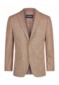 Lichtbruine blazer gemaakt van gestructureerde stof, met een enkele knoopsluiting, twee voorzakken en een patroondetail aan de binnenvoering.
