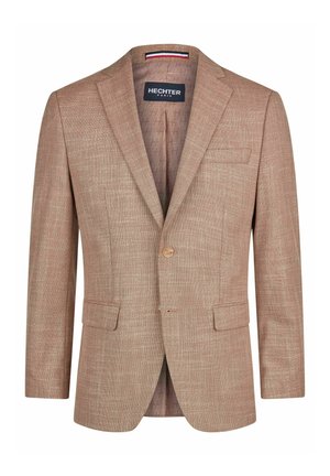 Hellbrauner Blazer aus strukturiertem Stoff, mit einem Ein-Knopf-Verschluss, zwei vorderen Taschen und einem gemusterten Innenfutter.