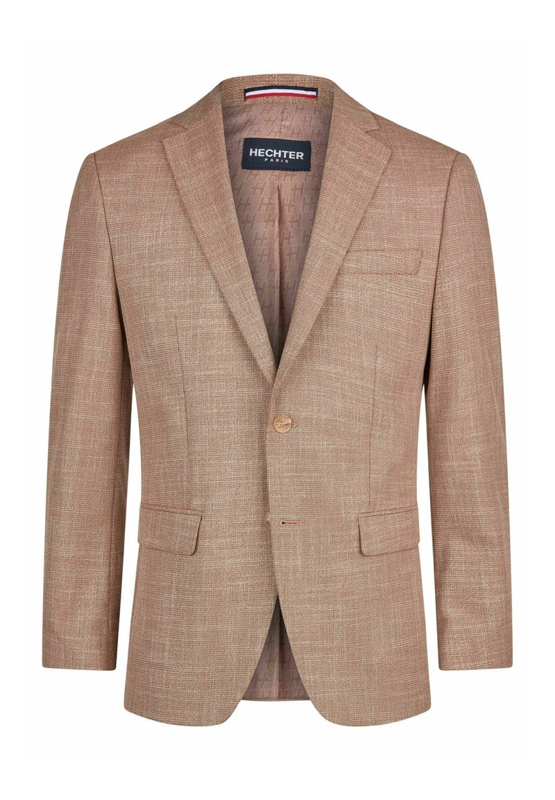 Lichtbruine blazer gemaakt van gestructureerde stof, met een enkele knoopsluiting, twee voorzakken en een patroondetail aan de binnenvoering.