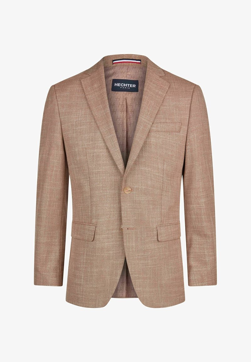 Lichtbruine blazer gemaakt van gestructureerde stof, met een enkele knoopsluiting, twee voorzakken en een patroondetail aan de binnenvoering.
