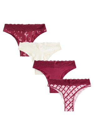 Cuatro braguitas de bikini femeninas con ribete de encaje en burdeos, blanco, colores sólidos, floral y de cuadros dispuestas en diagonal sobre fondo blanco.