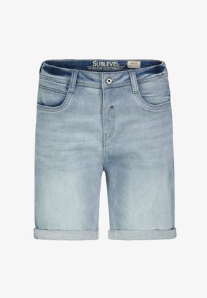 Hellblaue Jeansshorts mit umgeschlagenem Saum, ausgestattet mit fünf Taschen, einem Metallknopfverschluss und einem etikettierten Taillenbund. Größe 32.