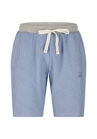 Pantalones cortos a rayas azules con una cinturilla gris, que cuentan con un cierre de cordón y un pequeño detalle de logo en el lateral. Tela ligera.