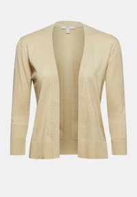 Cardigan beige ouvert à l'avant avec manches longues et détails subtils en maille verticale, fabriqué en tissu léger et doux.