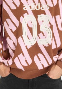 Bruine gebreide trui met roze en witte abstracte patronen, voorzien van een grote "03" en het "adidas" logo. Geribbelde manchetten en zoom.