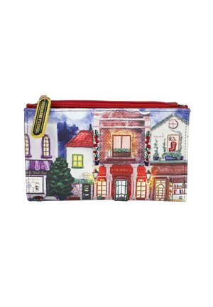 Rechthoekig stoffen zakje met een rode ritssluiting, bedrukt met een kleurrijk straattafereel van huizen, winkels, bomen en ramen bij schemering.