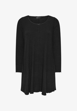 Tunika nera a maniche lunghe con texture a coste, scollatura tonda e un dettaglio a fiocco decorativo sul davanti. Orlo leggermente svasato con bordi scallop.