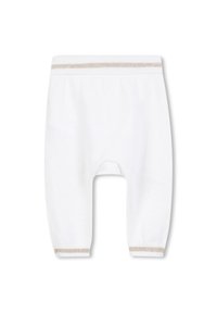 Witte katoenen babybroekjes met een zachte tailleband, verfraaid met een lichtgouden rand bij de taille en boorden. Eenvoudig, gesloten pijpdesign.