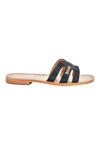 Black leather slide sandals with three curved straps, featuring a textured finish and a light brown wooden sole. Gold-tone accent detail included.