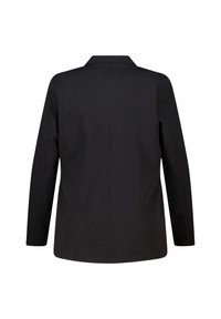 Zwarte blazer met een klassieke kraag, lange mouwen en een getailleerde pasvorm. Helle textuur en geen zichtbare hardware of versieringen.