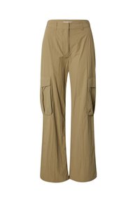 Beige cargobroek met een losse pasvorm, gemaakt van lichtgewicht stof. Kenmerken zijn onder andere twee zijzakken en een ritssluiting.