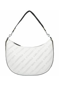 Borsa a spalla in pelle bianca con bordi neri, caratterizzata da un design del logo del marchio perforato, silhouette curva e tracolla regolabile.