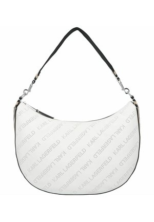 Weißes Leder Schultertasche mit schwarzer Verzierung, mit durchbrochenem Markenlogo-Design, geschwungener Silhouette und verstellbarem Trageriemen.