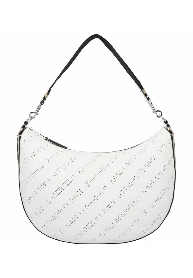 Borsa a spalla in pelle bianca con bordi neri, caratterizzata da un design del logo del marchio perforato, silhouette curva e tracolla regolabile.